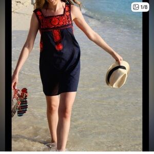 Tory Burch Navy Sleeveless Anita dress with Red Embroidery